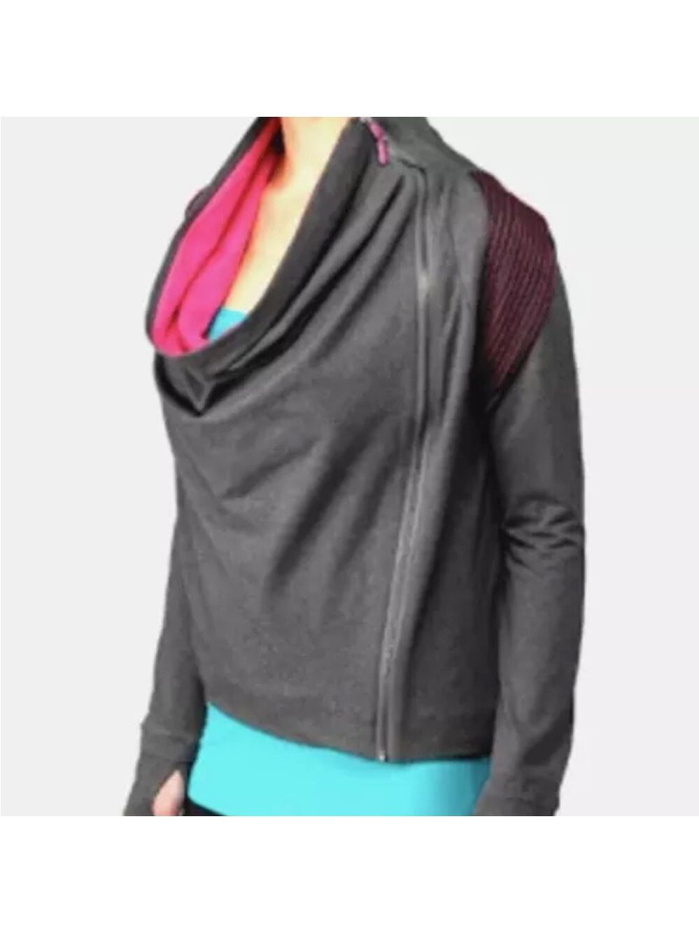 Lululemon Sway Jacket Gray Pink Asymmetric Zipper Cowl Neck Size 8 Thumbholes